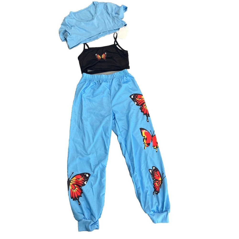 SOLY HUX Girl's‎ Butterfly Print Tops & High Low Hem T-Shirt W/ Sweatpants 3 Pc